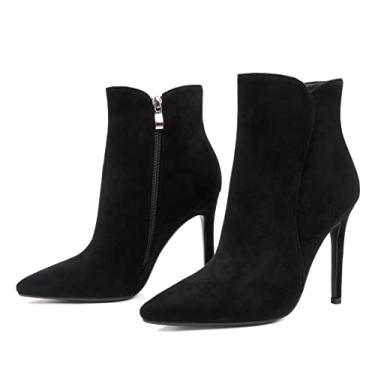 Imagem de JOY IN LOVE Botas femininas até o tornozelo 10 cm salto alto agulha bico fino com zíper, Camurça preta, 34