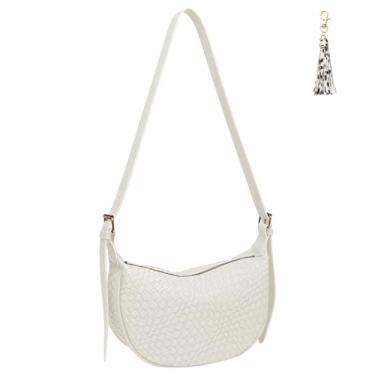 Imagem de Bolsa tiracolo crescente feminina pequena bolsa de ombro Hobo de tecido bolsa moderna de couro vegano com alça ajustável, Branco