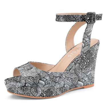 Imagem de Sandálias femininas elegantes plataforma plataforma cunha cunha ouro peep toe patente salto alto slingback confortável sapatos com tira no tornozelo, Patente de flor preta, 37