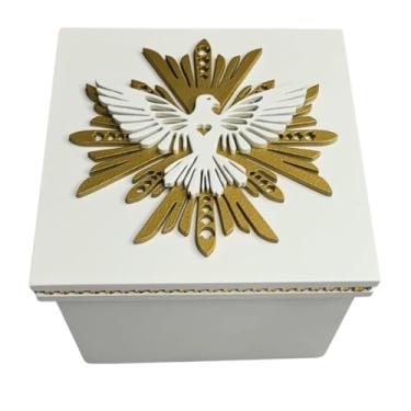Imagem de Caixa Especial Branca/Dourada Fé Cristã Batizado Crisma Pomba Espirito Santo (12x12x9)