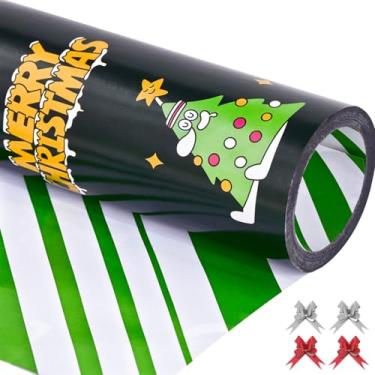 Imagem de EWES Engraçado conjunto de rolos de papel de embrulho de Natal, papel de embrulho infantil preto, desenho animado fofo com árvore de Natal, verde reversível, total 28,5 m²