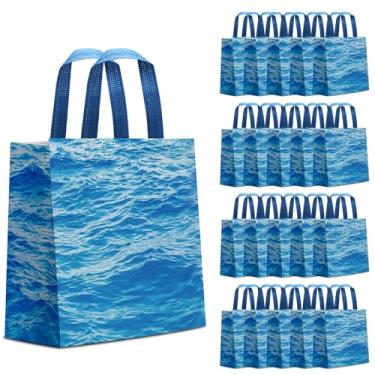 Imagem de KERINGO 24 peças de sacos de presente de festa ondas do oceano com alças não tecido sob o mar reutilizáveis sacos de presente bolsas de presente azul para festa na piscina para aniversário tema oceano