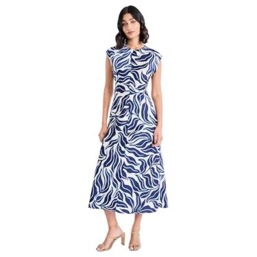 Imagem de Maggy London Vestido feminino midi evasê manga cavada gola redonda para convidados de casamento, Creme/azul-marinho, 46