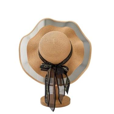 Imagem de Chapéu dobrável ，Chapéu Paris Ajustável de Praia Piscina com Laço Elegante, Aba Larga, Proteção Solar UV, Moda Verão(Bege Escuro（HTM-X0606）)