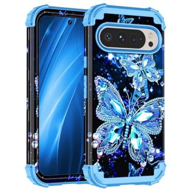 Imagem de Miqala Capa para Google Pixel 9 Pro XL, que brilha no escuro, três camadas, resistente, à prova de choque, proteção total de plástico rígido + capa de silicone macio para Google Pixel 9 Pro XL, azul