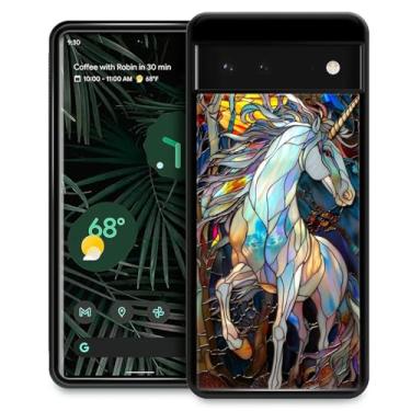 Imagem de CARLOCA Capa compatível com o Google Pixel 6 para meninas à prova de choque antiarranhões capa traseira de PC rígida estética padrão branco unicórnio colorido vitral