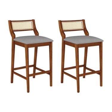 Imagem de Conjunto 2 Banquetas Lagum Conforto Estofada Jequitibá Natural Linho Cinza Palha Sextavada