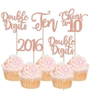 Imagem de 24 Pack 10th Birthday Cupcake Toppers Glitter Straight Outta 2016 Ten Cupcake Picks Double Digits Cheers to 10 Cake Decorations for 10th Birthday Wedding Anniversary Party Supplies Rose Gold