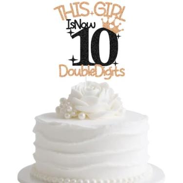 Imagem de This Girl is Now 10 Double Digits Cake Topper, Happy 10th Birthday Cake Decors, Out Single Digits I'm 10, Funny Ten Years Old Birthday Party Decorations Rose Gold Black Glitter