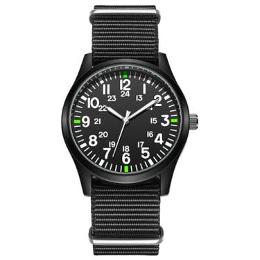 Imagem de YOOTEN Relógio analógico masculino militar luminoso de quartzo fino (mostrador preto - marca verde), mostrador preto e marca verde