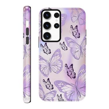 Imagem de FBHGLOA Capa para celular Galaxy S24 Ultra 5G de 16,8 cm, borboletas roxas, vintage, exclusivo, padrão de asas de borboleta, capa rígida de camada dupla + capa protetora de silicone à prova de choque