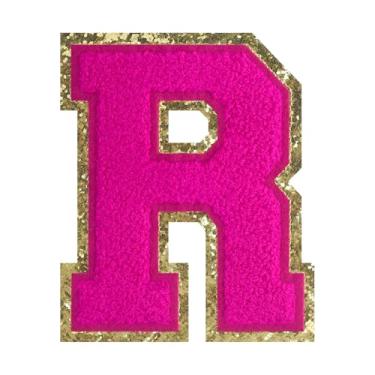 Imagem de 1 PÇ Patch de letra de chenille rosa de 11,4 cm com borda dourada – Remendos do alfabeto para roupas, jaquetas, mochilas, chapéus para decoração personalizada, nome personalizado e artesanato. (R)