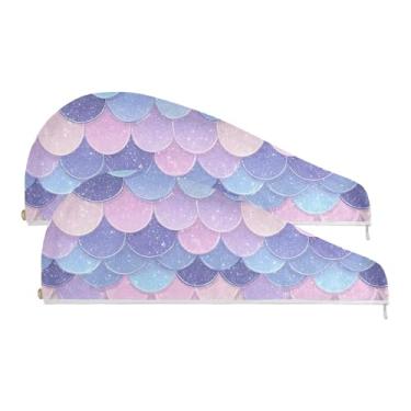 Imagem de SEHANY Toalha de cabelo de microfibra roxa pálida escamas de sereia para mulheres, 2 peças, turbantes de cabelo de secagem rápida com botão, touca de cabelo seco absorvente toalha de secagem de cabelo