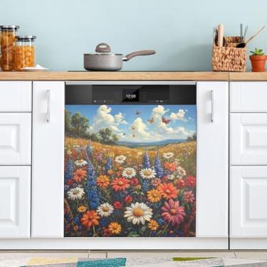Imagem de ATTX Capa de ímã de lava-louças colorido flores silvestres prado, 58 cm C x 66 cm A decoração da capa da máquina de lavar louça, decalques de armário doméstico adesivos de eletrodomésticos #151