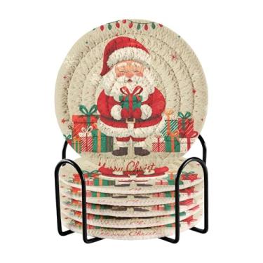 Imagem de GakkiGii Conjunto de 6 porta-copos redondos absorventes de Natal Papai Noel com suporte, porta-copos de tecido para mesa de centro, bar, decoração de cozinha