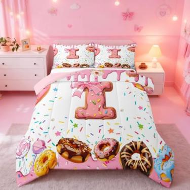 Imagem de Erosebridal Conjunto de edredom completo com letra inicial I para meninas, laço fofo, princesa, laço, monograma, alfabeto, D, rosquinhas, rosa, branco, doce, 3 peças