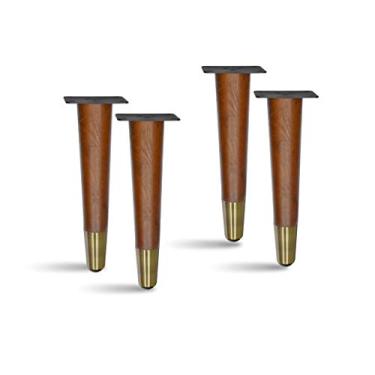 Imagem de Conjunto de 4 peças de pernas retas estilo retrô para móveis de madeira, pernas de sofá, pernas de banco, pernas de mesa com pés de metal, 8"H Antique Brass Footing, Matte Walnut Wood Finish