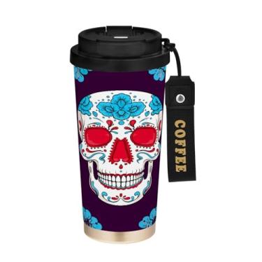 Imagem de STAYTOP Copo de café de aço inoxidável de 500 ml, linda caneca de café de viagem com isolamento de caveira de açúcar com tampa, xícara de café à prova de derramamento, copos portáteis reutilizáveis