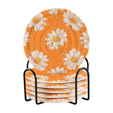 Imagem de Qilmy Conjunto de 6 peças para copos de flores de margaridas bonitas ou porta-copos de bar para bebidas, porta-copos de fazenda ou porta-copos de mesa rústicos, porta-copos modernos de algodão para o