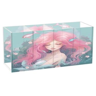 Imagem de Qilmy Lindo suporte de caneta de acrílico para meninas sereia, 3 compartimentos, porta-lápis transparente para mesa, organizador de pincéis de maquiagem, copo organizador de lápis para escritório