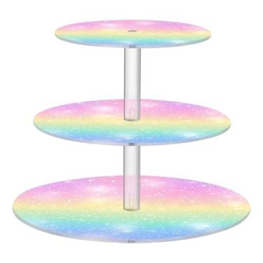 Imagem de CEBUGI Suporte de cupcake de 3 camadas, fundo arco-íris, redondo, suporte de bolo, bandeja de servir em camadas de acrílico para festas de chá, chá de bebê, casamento e mais