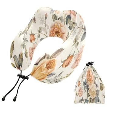 Imagem de CEBUGI Travesseiros de viagem portáteis em forma de U, travesseiro de pescoço de espuma viscoelástica com trava de corda ajustável para avião, viagem, trem, negócios, escritório, soneca (rosa)