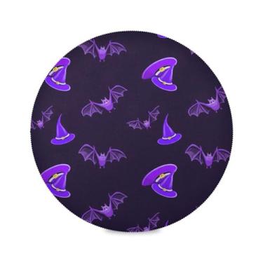 Imagem de Wassud Jogo americano chapéus de bruxa e morcegos tapetes de mesa redondos para cozinha e jantar tapetes laváveis resistentes ao calor decoração de mesa 39 cm