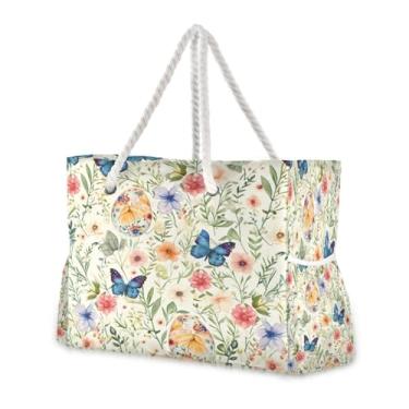 Imagem de Wassud Bolsa de praia colorida borboleta grande bolsa de praia para mulheres, impermeável, à prova de areia, bolsa de viagem com zíper e bolso para piscina academia acampamento