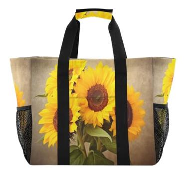 Imagem de Wassud Quatro girassóis dourados reutilizáveis bolsa grande sacola de lona impermeável organizador de viagem para praia piquenique lavanderia