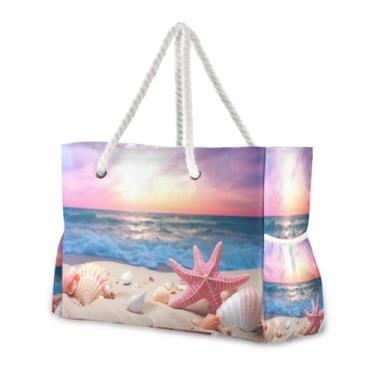 Imagem de Wassud Bolsa de praia grande para mulheres, estrela-do-mar e conchas, à prova d'água, à prova de areia, bolsa de viagem com zíper e bolso para piscina, academia, acampamento