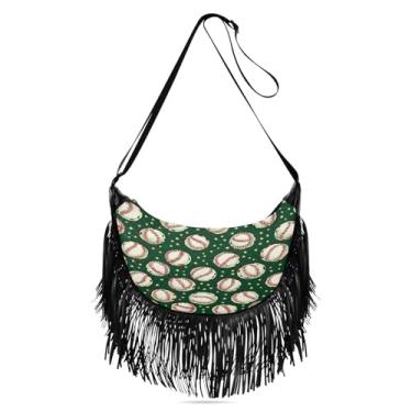 Imagem de CEBUGI Bolsa feminina transversal com franjas, borla, fundo de bolas de beisebol, bolsa de ombro Hobo, bolsa transversal com alças ajustáveis