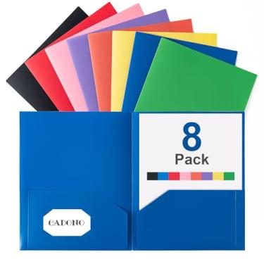 Imagem de CADONO Pastas de plástico com bolsos (pacote com 8, cores sortidas), pastas de arquivo resistentes duráveis com compartimento para cartão de visita, pasta de 2 bolsos para trabalho escolar e