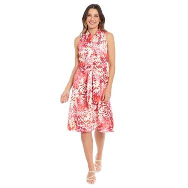 Imagem de London Times Vestido feminino de linho misto polido clássico com cinto, Laranja/rosa, 46