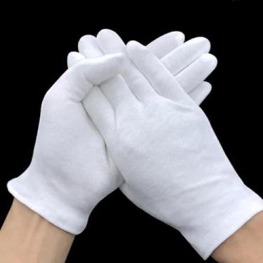 Imagem de Luvas de trabalho de algodão branco manuseamento de mãos luvas espessas de alta elasticidade absorção ferramenta de limpeza doméstica luva tática (1 par)
