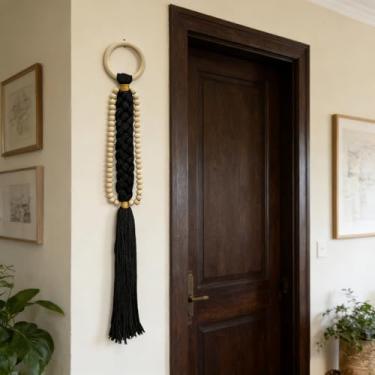 Imagem de KaloKalo Macramê para pendurar na parede moderna boêmia feita à mão corda esfericidade pequena de algodão têxtil borla boho decoração de parede arte para quarto, sala de estar, banheiro, festas de