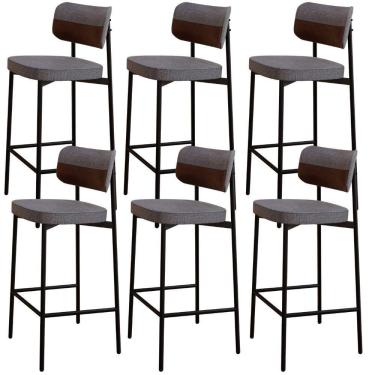 Imagem de Kit 06 Banquetas Alta Bar Cozinha Sala De Jantar Aço Preto Kaira C01 Linho Cinza Courino Whisky - Lyam Decor