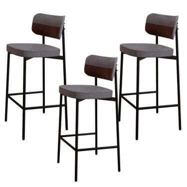 Imagem de Kit 03 Banquetas Alta Bar Cozinha Sala De Jantar Aço Preto Kaira C01 Linho Cinza Courino Whisky - Lyam Decor