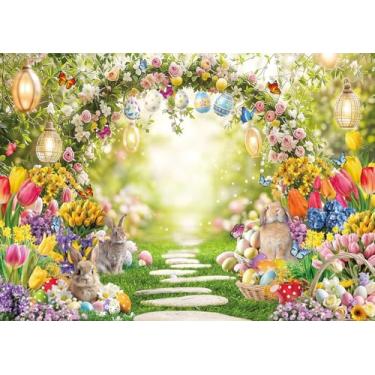 Imagem de Pano de fundo para fotografia de primavera e páscoa arco de jardim encantado coelho floral com ovos coloridos para decoração de festa de aniversário de primavera e Páscoa (20 x 1,8 m: 244 x 183 cm)