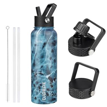 Imagem de BJPKPK Garrafas de água isoladas com tampa de palha, garrafas de água de aço inoxidável de 1,2 l com 3 tampas, garrafa térmica à prova de vazamento sem BPA, copos, copos para esportes, academia -