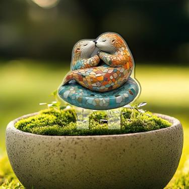 Imagem de Mosaico lontras beijando flores decorativas jardim estacas acrílicas vasos plantas decorações. Presente ideal para Natal, aniversário, aniversário, dia dos namorados, celebrações.