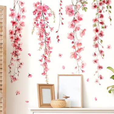 Imagem de Flaxarne Adesivos de parede de flor de cerejeira rosa aquarela grandes florais pendurados decalques de videira decoração de casa para sala de estar quarto dormitório