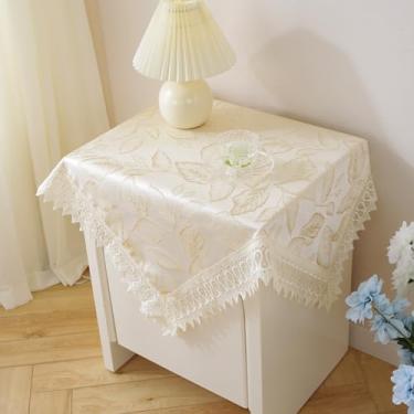 Imagem de Toalha de mesa de cabeceira quadrada pequena bordada floral capa de mesa de cabeceira de pano rústico toalha de mesa lateral de fazenda com acabamento de renda para quarto, cômoda, festa, cozinha