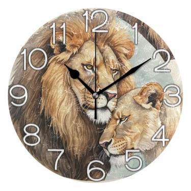Imagem de GAIGEO Relógio de parede decorativo analógico estético silencioso sem tique-taque relógio de cozinha para quarto, decoração de parede de sala de estar moderna, animal africano leão, marrom, 25 cm