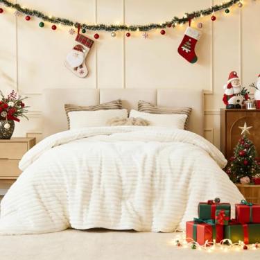 Imagem de Geniospin Jogo de cama king size de lã, ultramacio, branco creme, conjunto de edredom reversível de 3 peças para todas as estações, quente e aconchegante (branco, 250 x 234 cm)