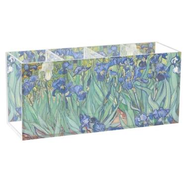 Imagem de TSENQUE Porta-lápis personalizado floral de animais para mesa bonito impressionista íris azuis marcador de campo organizador de acrílico para lápis