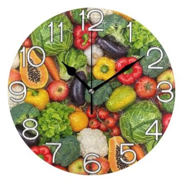 Imagem de GAIGEO Relógio de parede decorativo analógico relógio de cozinha rústico redondo sem tique-taque silencioso, decoração de parede vintage sala de estar, frutas coloridas legumes repolho, 25 cm