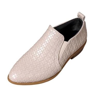 Imagem de Tênis feminino versátil moderno casual de um pé confortável pontiagudo grande salto grosso pequeno sapatos de couro para outono inverno lazer ao ar livre, Bege, 36