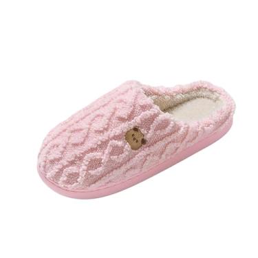 Imagem de Pantufas femininas de sola grossa com design de urso fofo e forro de lã para construção de bico fechado no outono e inverno para aquecimento e uso casual, rosa, 38
