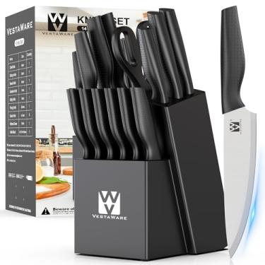 Imagem de Conjunto de facas, Vestaware Conjunto de facas de cozinha com bloco, conjunto prático de blocos de facas de uma peça, economizando espaço, conjunto de facas de aço inoxidável ultra afiadas, cabo
