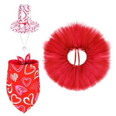 Imagem de Yymobt Conjunto de 3 peças de fantasia de cachorro para Dia dos Namorados, incluindo chapéu de coração, bandana vermelha, vestido tutu para cães e gatos, acessórios para festas de fim de ano